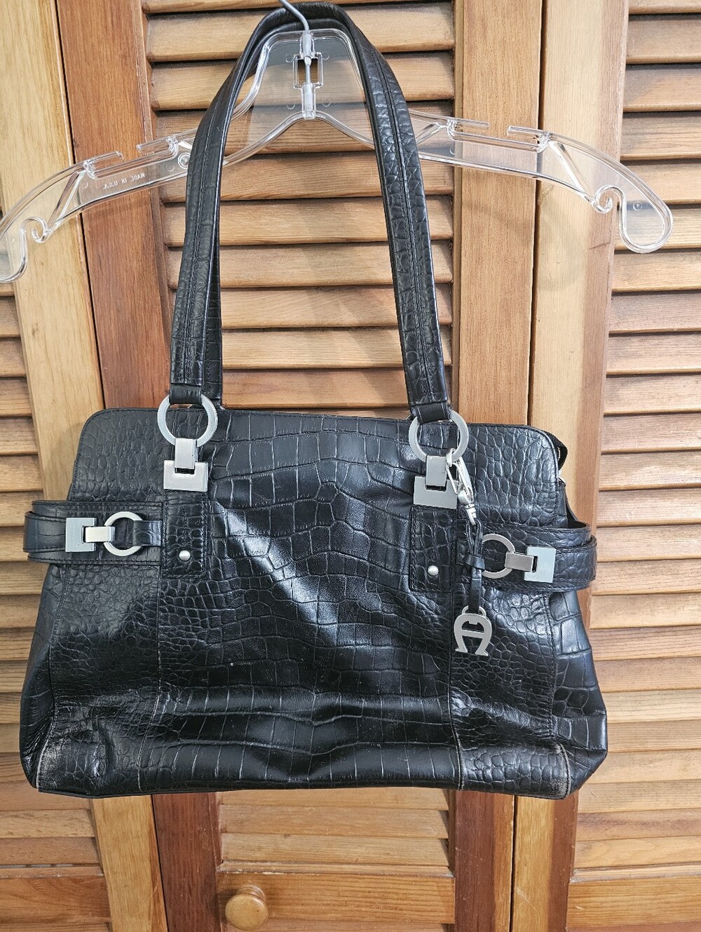 Etienne Aigner Black Croc-Embossed Leather Shoulder Bag Silver Hardware